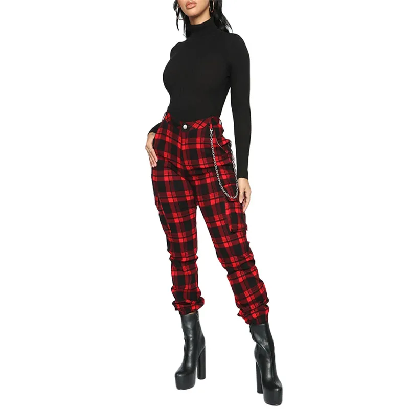 

2021 Red Plaid Pants Women Slim Hight Waist Trousers Women Harem Pants Pockets Without Chain Plus Size Ladies Streetwear Spring