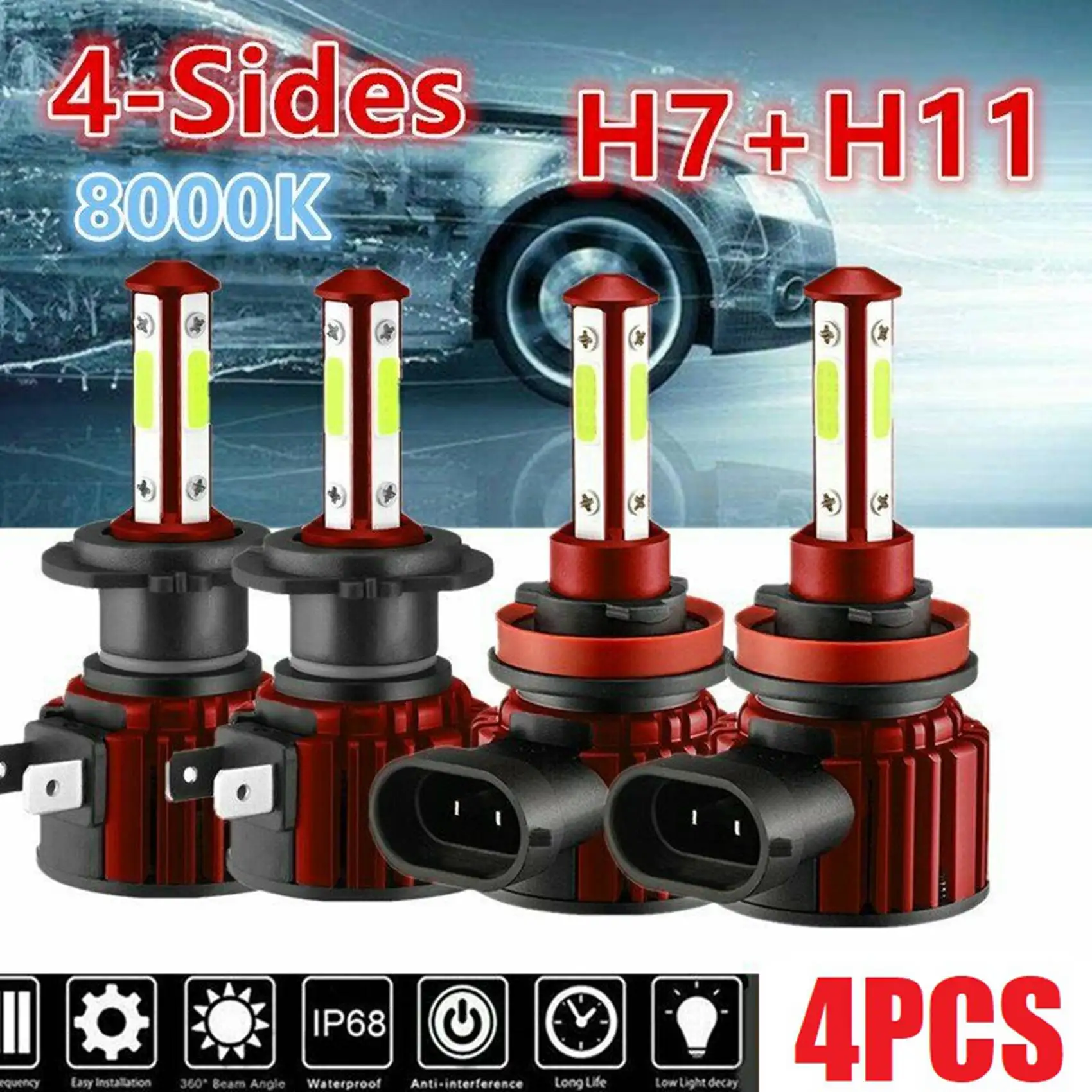 

4X Combo H7+H11 Led Headlight Conversion Kit High Low Beam Bulbs 8000K 4-Sides