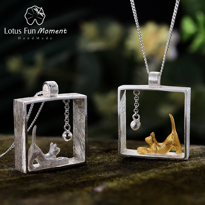 Lotus Fun Moment реального 925 пробы серебро ручной работы Модные украшения Кошка играет