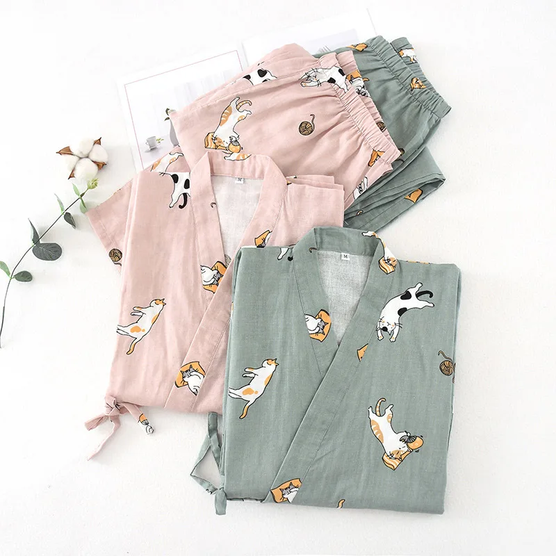 Cotton Gauze Spa Cat Print Women Pajamas Set Half Sleeve Yukata Cardigan Long Pants Absorbent Harajuku Woman Sleepwear Sets 2021