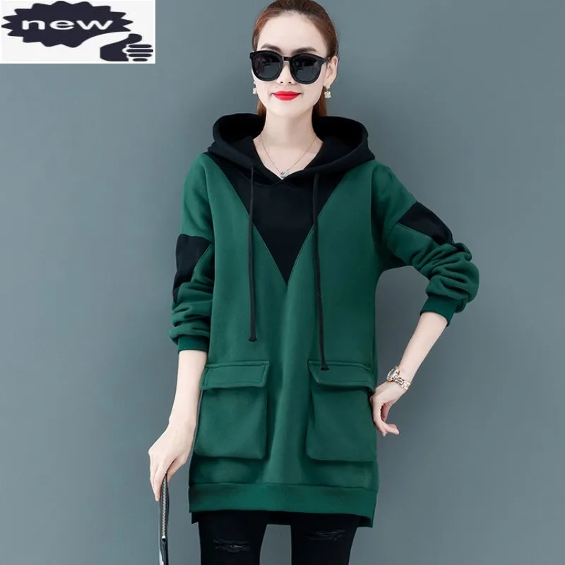 

Women Loose Fit Fleece Lining Long Hoodie Sweatshirt Pullover Casual Streetwear Tops Pocket Colors Mix Sweatshirts Plus Size 5XL