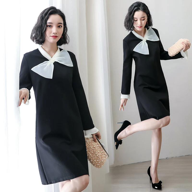 Новое винтажное женское платье с бантом свободное тонкое французское черное 917 |