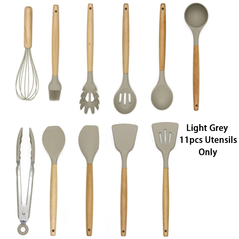 11 pcs light grey HIKUUI Набор посуды набор кухонной посуды из пищевого силикона с деревянной ручкой кухонные инструменты лопатка Тернер ковш кухонные принадлежности - Цвет: 11 pcs light grey