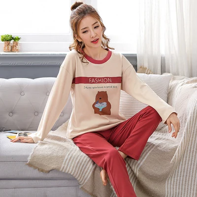 women pajamas Пижама для отдыха и сна, топ с длинными рукавами+ длинные штаны, Женский пижамный комплект, мультяшная Пижама, Хлопковая пижама для женщин, Размеры M, L, XL, XXL, XXXL - Цвет: women pajamas