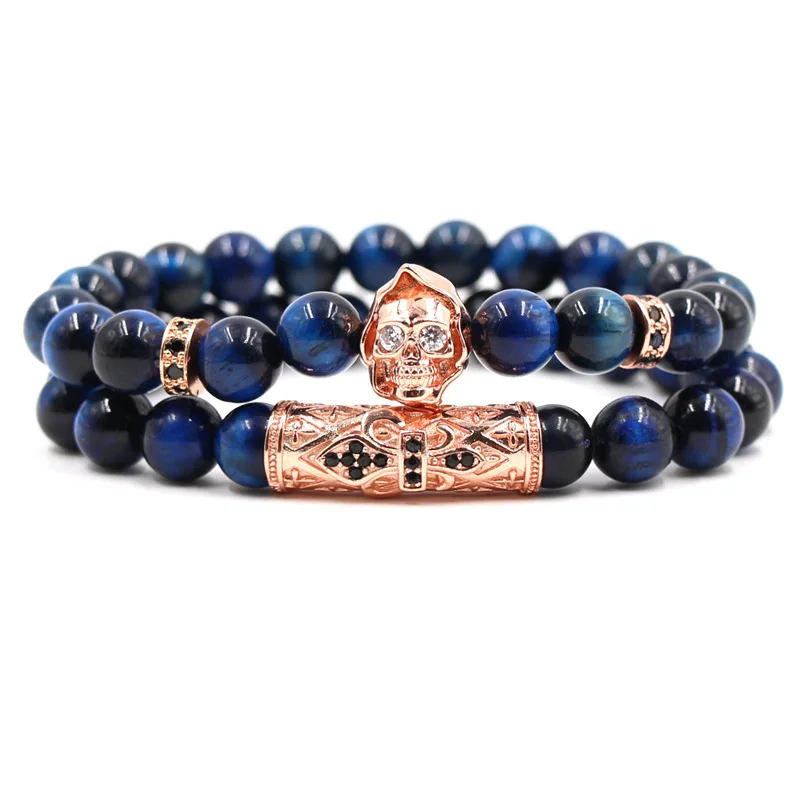 8mm Natural Stone Classic Micro Inset Zircon Curved Tube Skull Charm Elastic Beads Bracelet Women Men Bangle Jewelry 2/Set | Украшения и