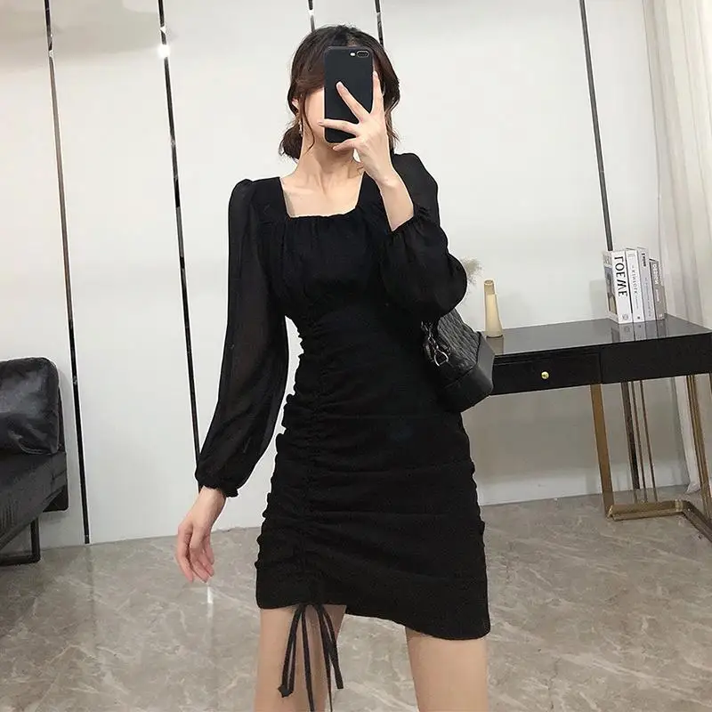 

Соблазнительное облегающее платье 2022, корейское Бандажное платье с длинным рукавом, модное черное платье с квадратным вырезом, новинка, цел...