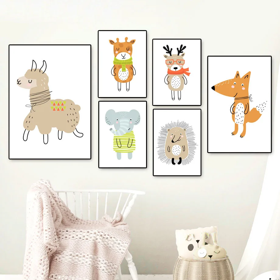 Llama Fox Giraffe Hedgehog Elephant Wall Art Canvas Painting Nordic Posters And Prints Animal Pictures Baby Kids Room Decor | Дом и сад