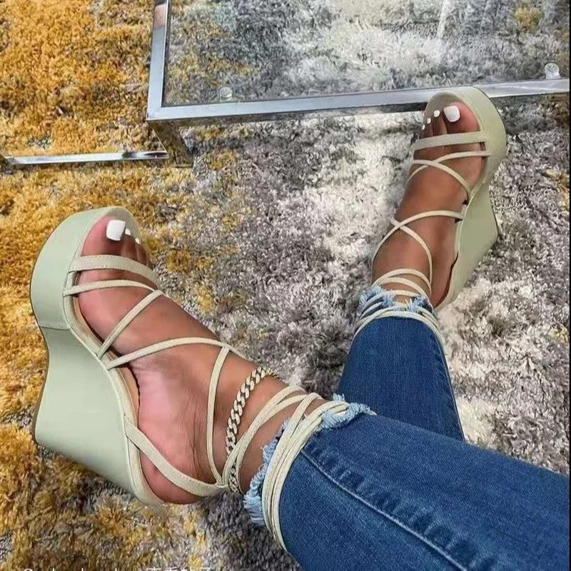 

Summer New Women's Slope Heel Platform Sandals Cross Straps Fashion Lace Women's Shoes Beach Sandals Ladies Sandalias Mujer