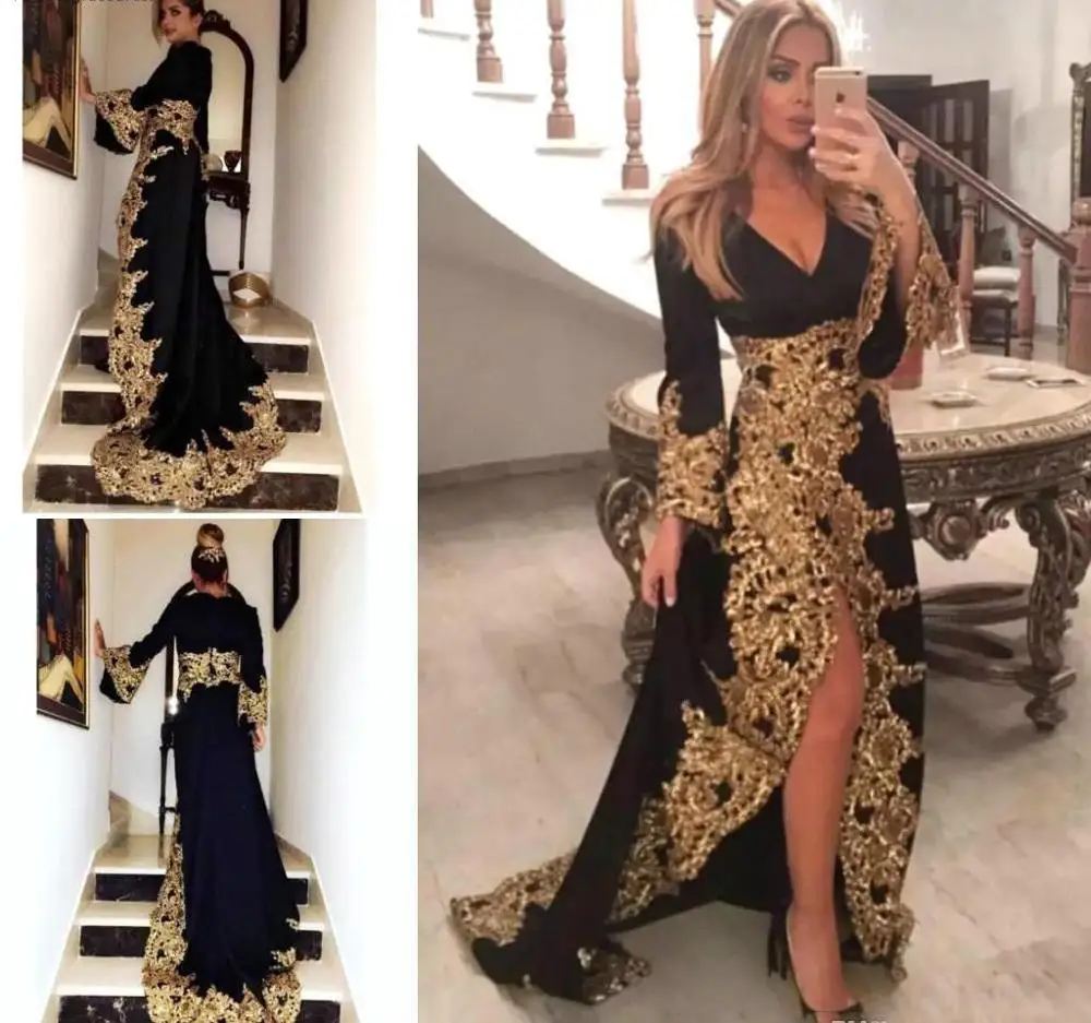 

Черные вечерние платья с V-образным вырезом и длинным рукавом, 2019, кружевная праздничная одежда с золотой аппликацией, Платья для вечеринок, ...