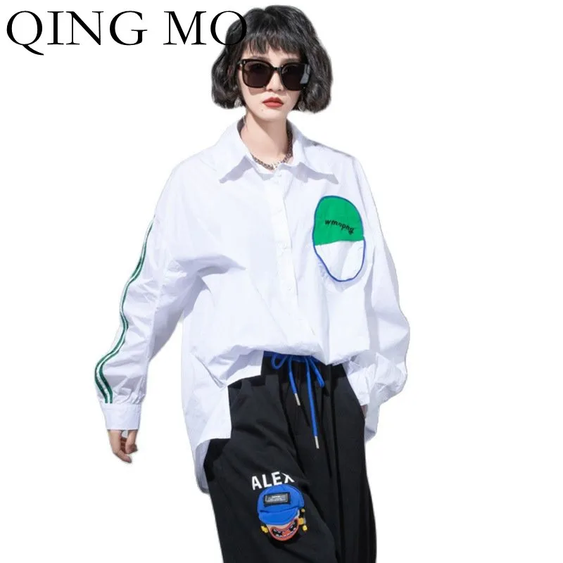 

Блузка с длинным рукавом QING MO, осенняя, повседневная, приталенная, с буквенным принтом, 2021