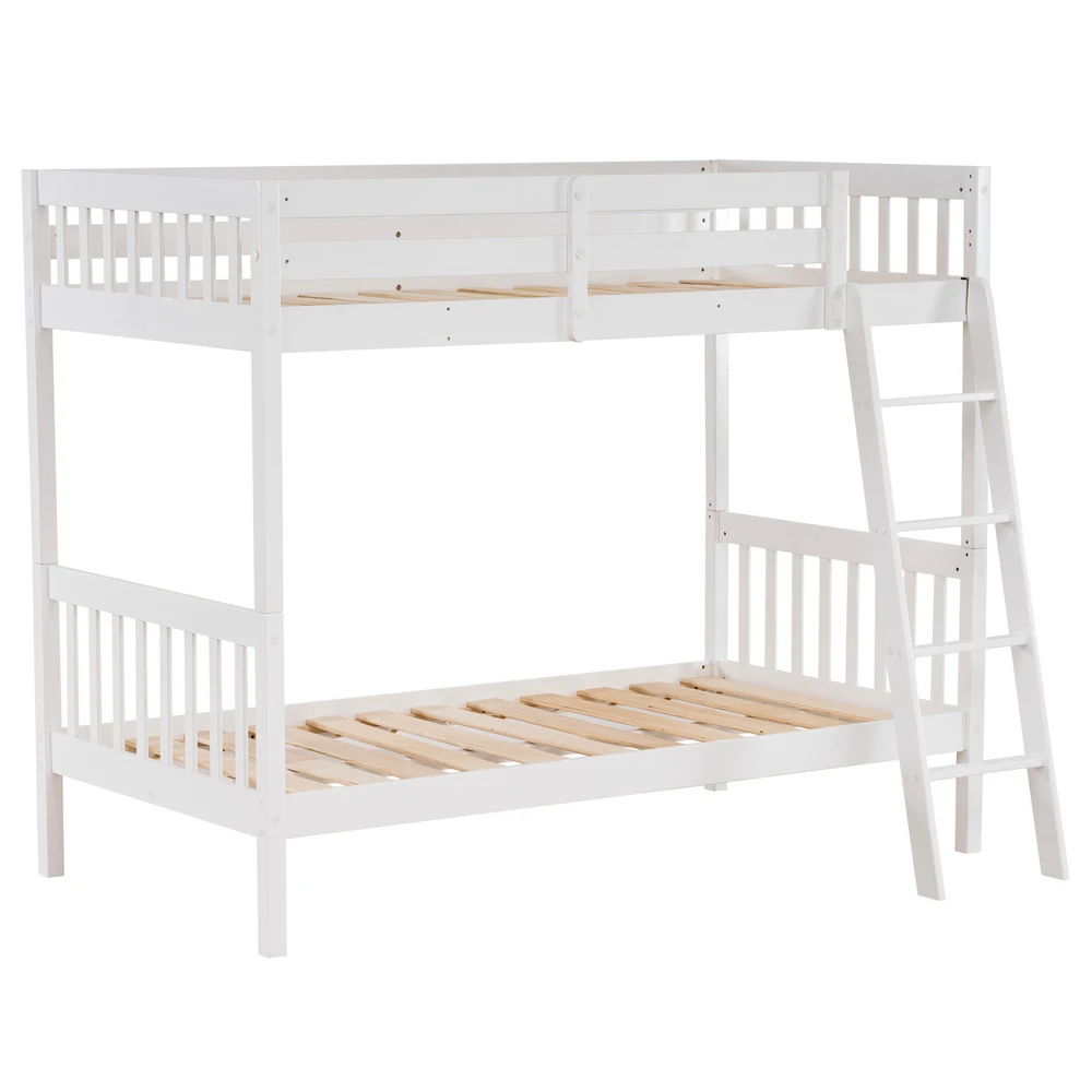 

Children Bed Pine High Tall Bunk Bed Vertical Version Straight Headboard 65 "H Twin White Safe Design and Easy Assembly US-Stock