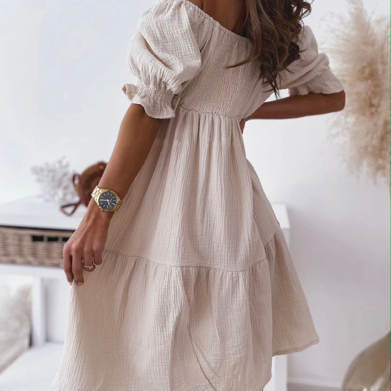 

Ruffles Beach Sweet Girls Dress Puff Sleeve Off Shoulder Mini Dress Slash Neck A-line Outwear Dresses Summer Lady Sundress G2477
