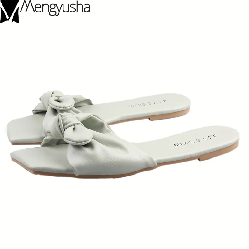 Летние шлепанцы с квадратным носком и бантом Однотонная Короткая Повседневная