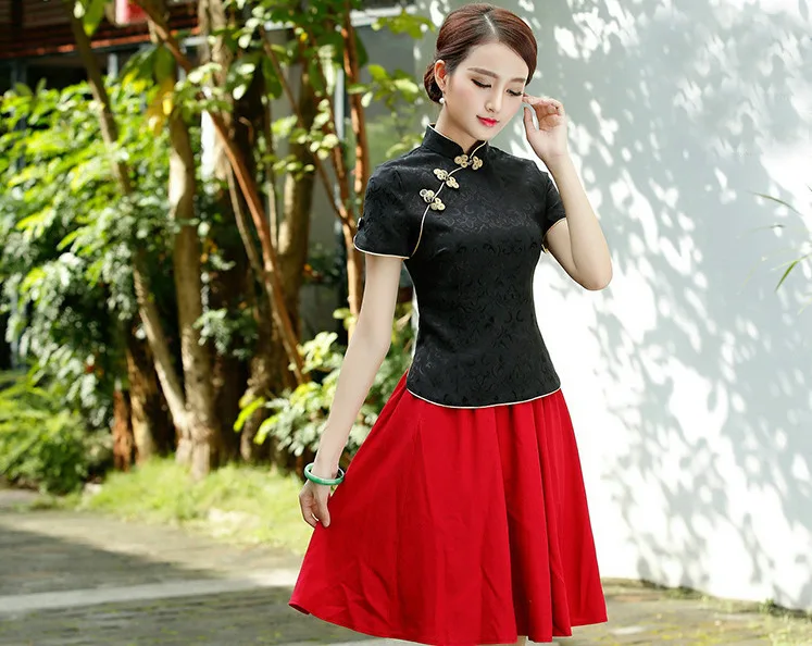 Sheng Coco Black China Blouse Women Traditional Chinese Shirt Clothing Chinese Jacquard Cotton Cheongsam Shirt Flower Buckle Top