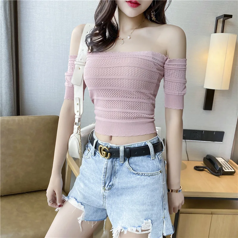 

2021 Summer New Women's Solid Slash Neck Knitted T Shirt Sexy Women Slim Off Shoulder Red Short Sleeve Crop Top Pullovers