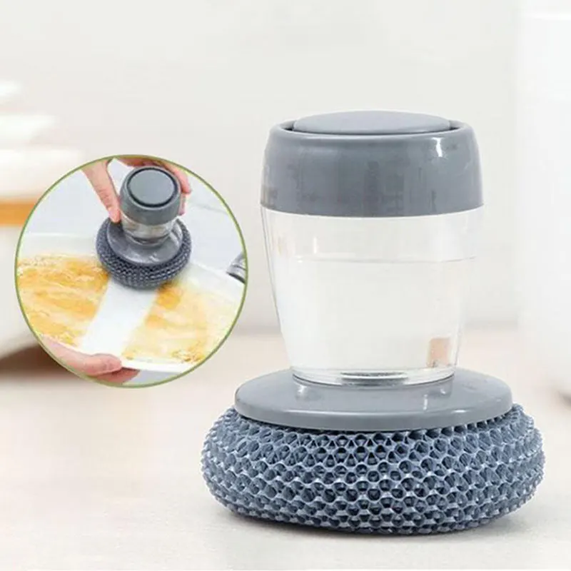 

Kitchen Soap Dispensing Brush Pot Cleaning Automatic Liquid Filled Wire Ball Utensils Household Push Type Washing Tools Supplies