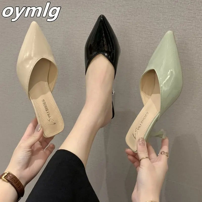 Мюли женские заостренный носок низкий каблук модные тапочки повседневные сланцы