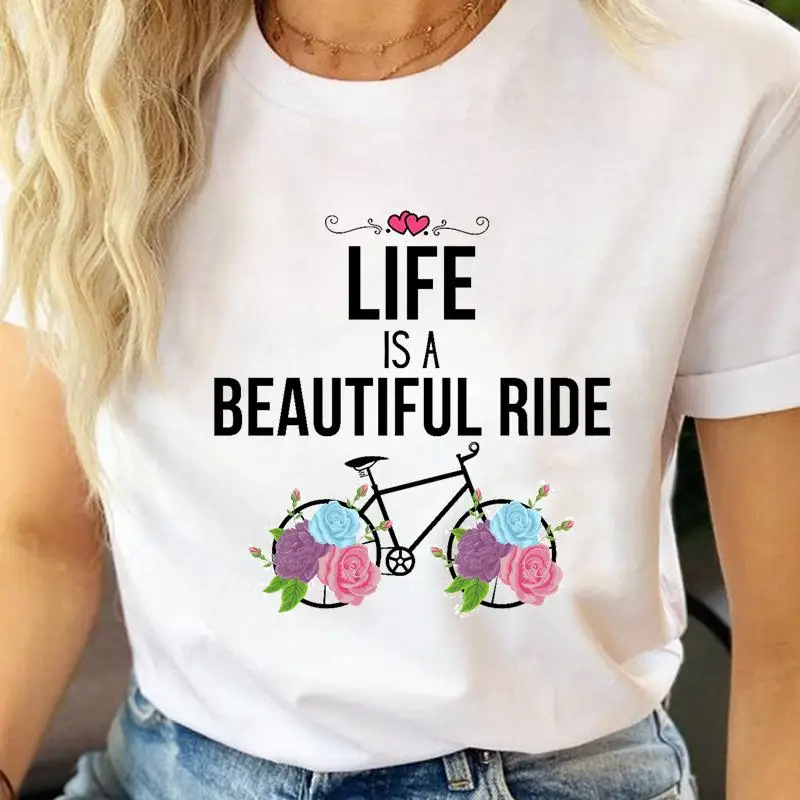 

Футболка женская с коротким рукавом и графическим принтом, милая стильная тенниска с рисунком велосипеда 90-х годов, модная повседневная май...