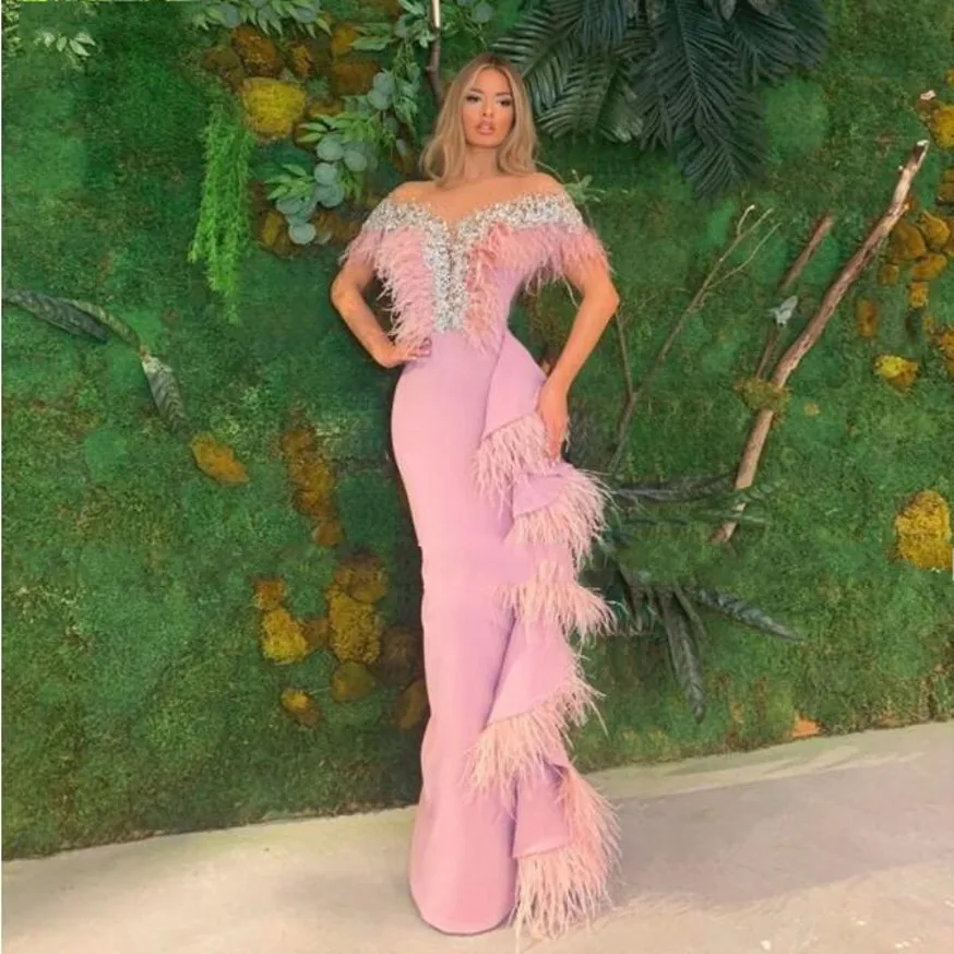 

Gorgeous Evening Dresses robes de Ostrich Prom Dress Peplum Beads abendkleider Pink Sheath Evening Dress vestido de festa