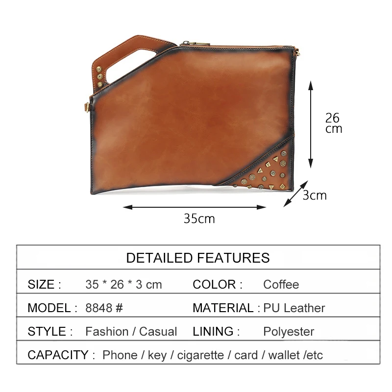 

Fashion Street Men's Bag Tide Punk Rivet Male Hand Bag Envelope Casual Retro Clutch Tote Cross Body Bags Shoulder IPAD Pocket
