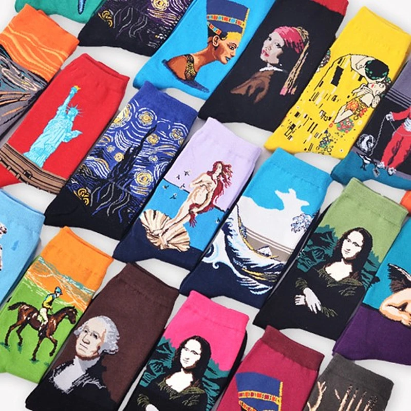 Осенне зимние хлопковые носки для мужчин и женщин в стиле ретро с изображением