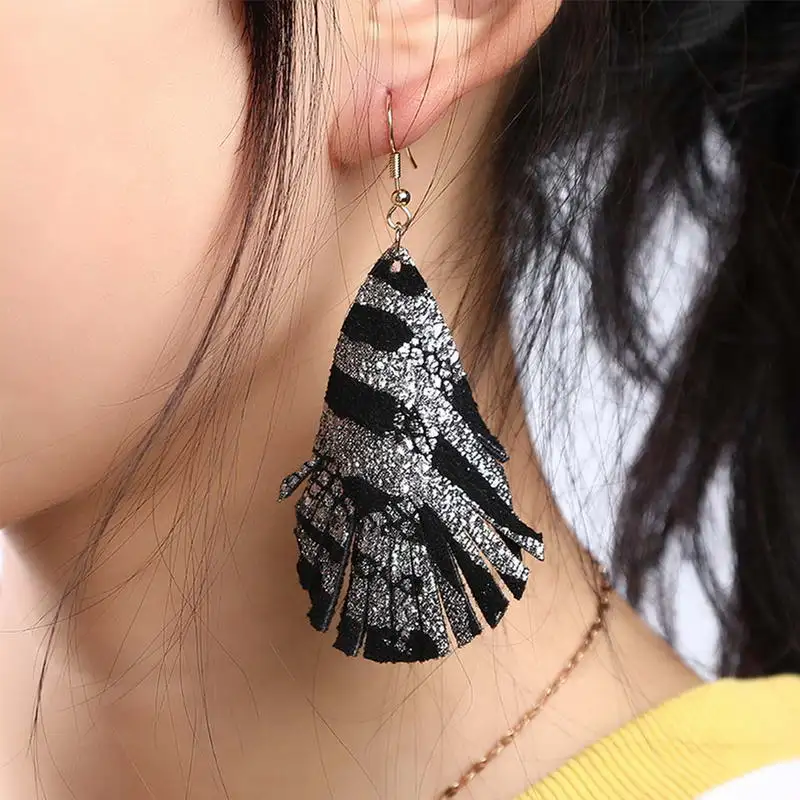 

E7720 ZWPON Gold Color Glitter Zebra Genuine Leather Teardrop Earrings for Women Silver Color Shiny Laser Snakeskin Earrings
