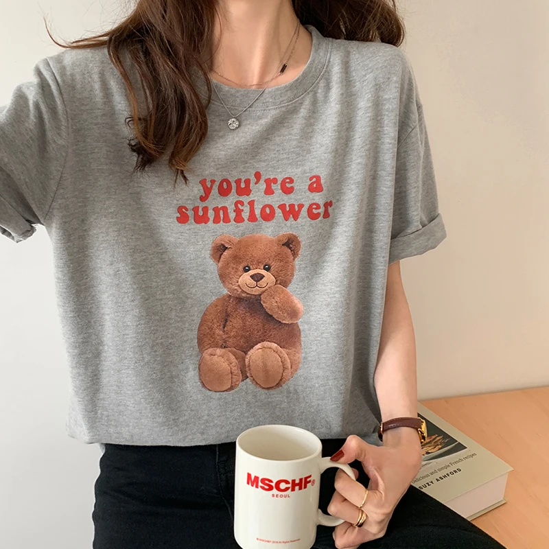 

ZAWAHIKI Korean Casual Fashion Women's T-shirts Summer 2021 O Neck Short Sleeve Bear Letter Print Tops Loose T-shirts
