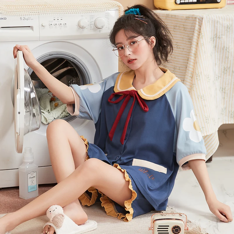 

Новый летний кавайный японский кардиган с коротким рукавом, женские пижамные комплекты, свободная хлопковая Домашняя одежда, костюм, милая ...