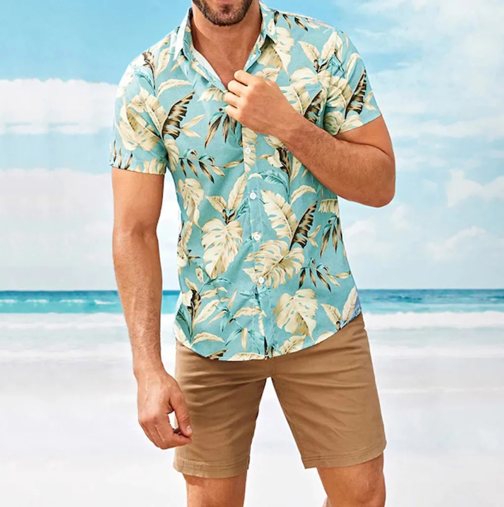

Feitong Hawaiian Shirt Mens Summer Fashion Turn-down Collar Strip Print Short Sleeve Shirt Top tee shirt homme