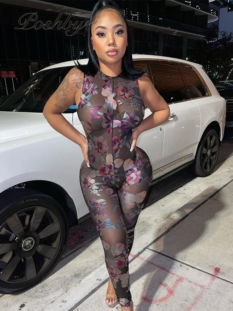 

Poshby Printed Women Jumpsuit Backless Mesh Sheer Rompers Sexy Oufits For Woman Summer Club Wear Clothes 2021 New Overalls
