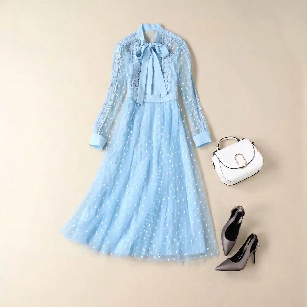 2019 spring autumn women dress blue bow long sleeve heavy embroidery mesh vintage a-line n126 | Женская одежда