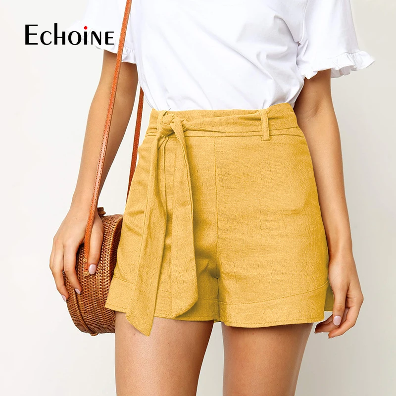 Echoine для женщин с высокой талией Maillot De Bain Femme хлопковые льняные шорты Однотонная