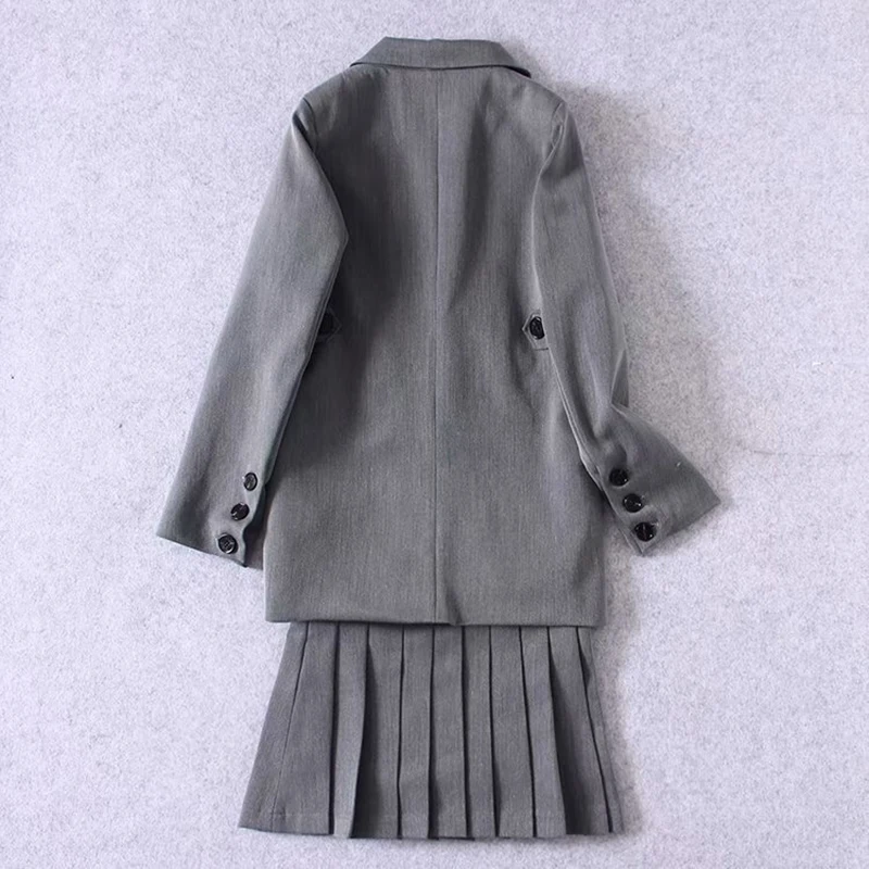 

Temperament England Style Solid Suit Blazer and Skirt Two Pieces Set High Waist Pleated Short Skirt Double-breasted Blazer
