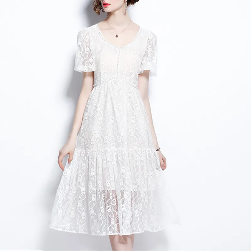 

2021 New Fashion Women's Lace Hollow Out Summer Dress Ladies Temperament Short Sleeve Beading White Dresses Vestidos