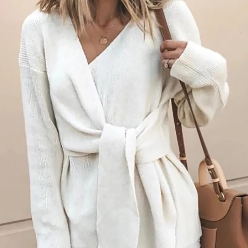 

Women Sweater 2020 Autumn Winter New Long Sleeve Knitted Sweaters Fashion V-neck Solid Color Belt Sweater Coat