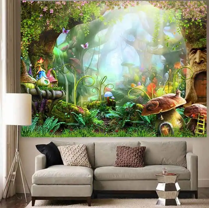 

Simsant Psychedelic Forest Tapestry Mushroom Castle Fairy Tale Wall Hanging Tapestries for Living Room Bedroom Home Dorm Decor