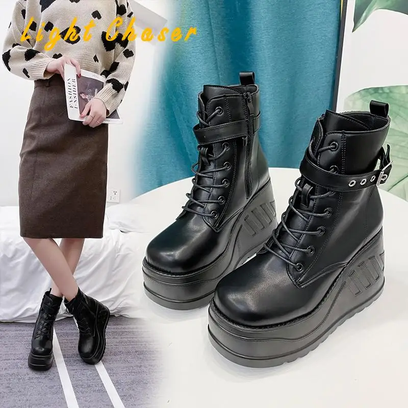 Fashion Punk Style Platform Women Ankle Boots Women's Motorcycle Boot Fashion Ladies Chunky Shoes Wedge Black Big Size 4142 43