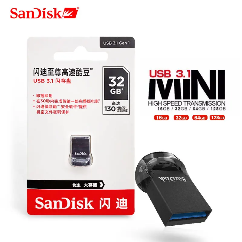 Двойной Флеш-накопитель SanDisk USB флэш-накопитель USB 3,1 CZ430 ультра супер мини флеш-накопитель 16 ГБ 32 ГБ 64 ГБ 128 Гб карта памяти до 130 МБ/с. высокое Скорость Pendrive