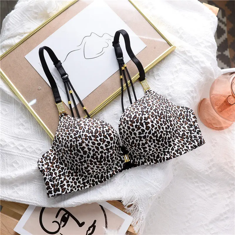 

Beautiful Back Underwear Women Gather Thin Adjustable Non-Wireless Small Bra Seamless Sexy Leopard Print Front Buckle Bra Set