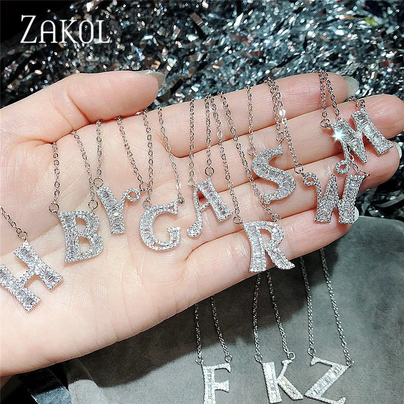 ZAKOL New Fashion AAA Cubic Zirconia Alphabet 26 Letters Pendant Necklaces for Lady Women Jewelry Christmas Gifts FSNP2053 | Украшения и