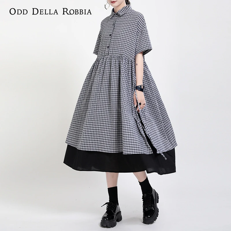 

OddDellaRobbia Summer Japanese Plaid Pleated Skirt Stitching Pure Black Fake Two-Piece Short-Sleeved Shirt Irregular Dress 1483