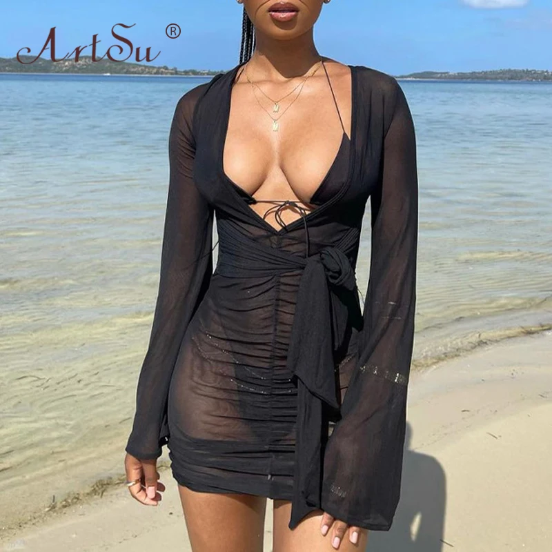 

ArtSu Women Sexy Mesh Deep V See Through Dress Ladies Hollow Out Drawstrings Black Mini Dresses 2021 Summer Fall Slim ASDR23862