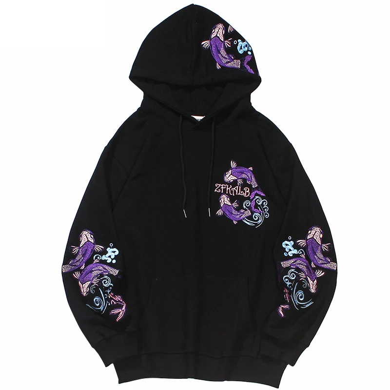 

Fish Embroidery Hooded Sweatshirt Hip Hop Hoodie 2021 Men Harajuku Cotton Casual Streetwear Autumn Trendy Black White Pullover