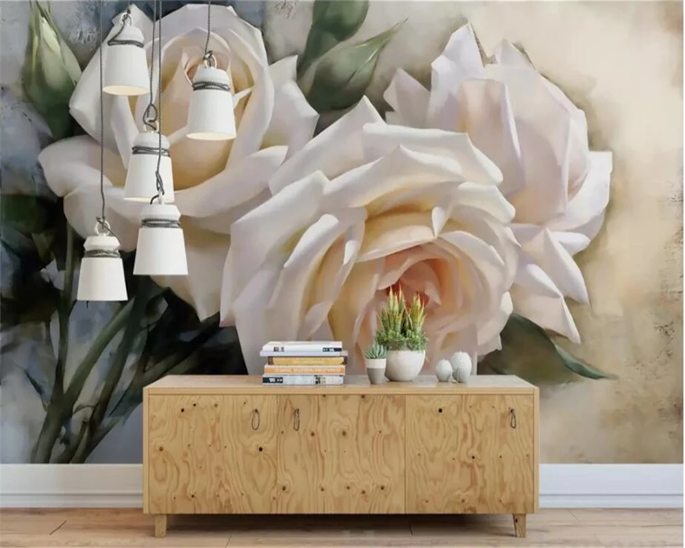 

Custom Wallpaper 3d Photo Mural Fresco Nostalgic Retro White Rose Hand Painted Oil Painting living room TV Background Wall paper