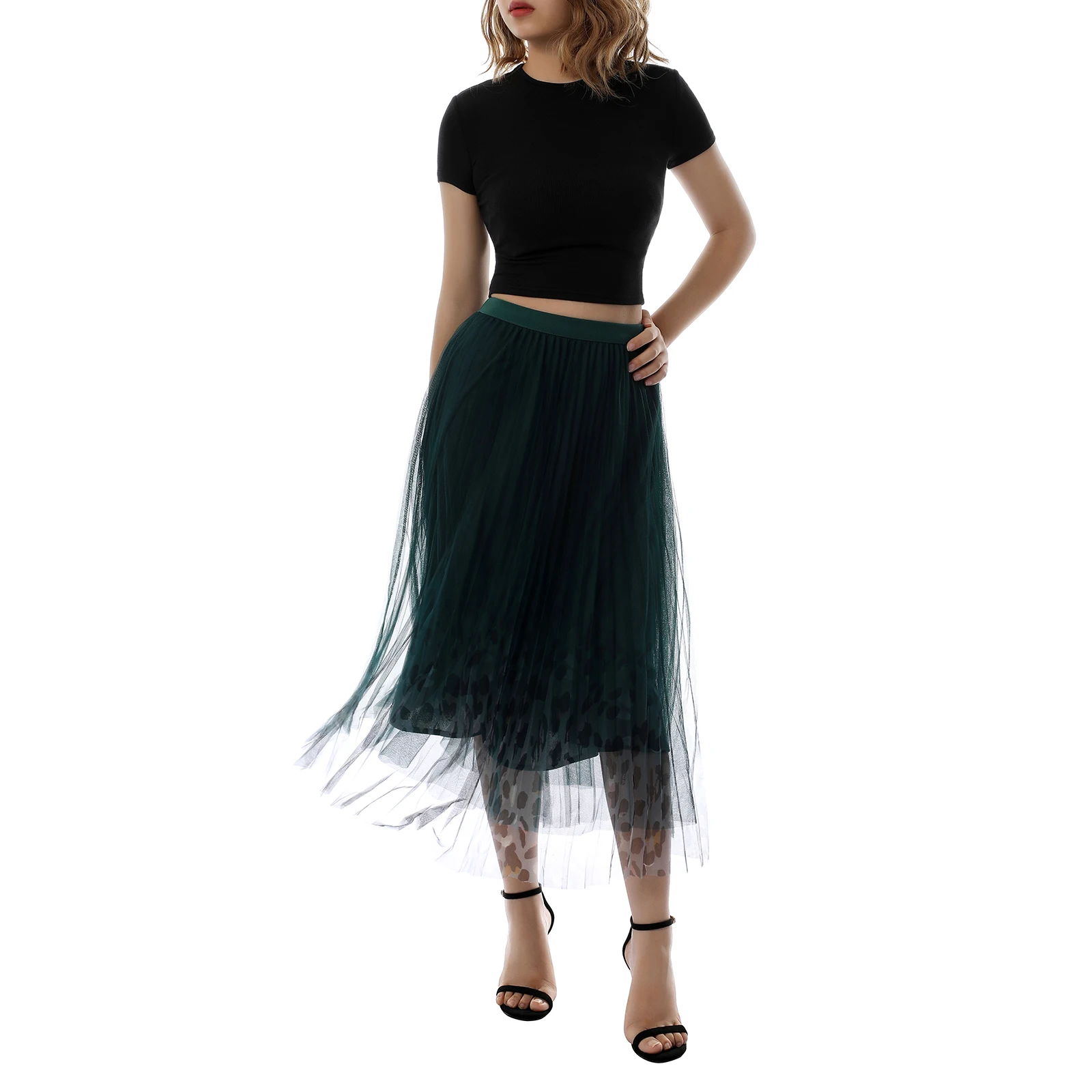 

Women Pleated Midi Skirt Casual Elastic Waist Leopard Print A Line Chiffon Skirt Women Fashion Spring Autumn Skirts