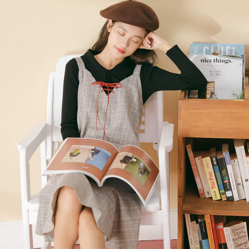Осенние женские платья 2020 зима ulzzang harajuku корейский стиль Мода Винтаж тренд плед