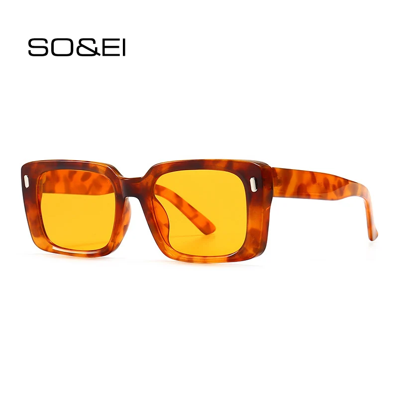 

SO&EI Retro Rectangle Sunglasses Women Fashion Rivets Jelly Color Eyewear Men Square Leopard Yellow Sun Glasses Shades UV400