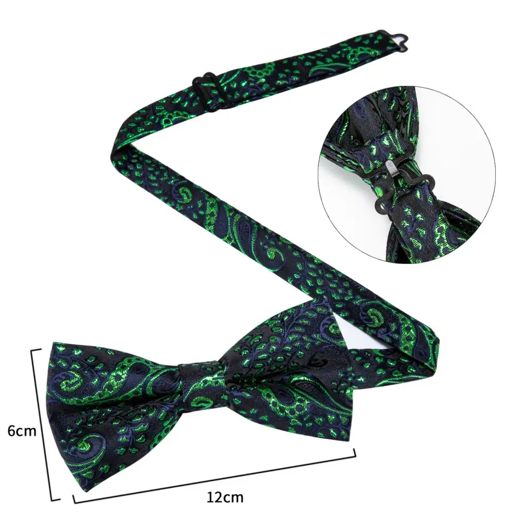 

DiBanGu Green Black Paisley Butterfly Silk Self Bowtie For Men Classic Wedding Bowtie Hanky Cufflink Set Neckwear Men Tie JM-129
