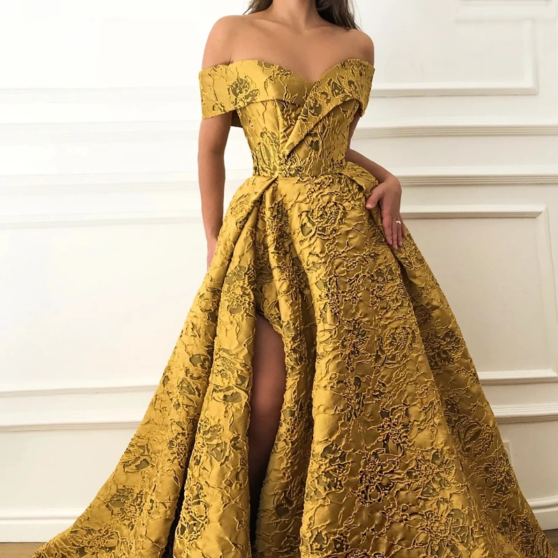 

Prom Dresses Long A Line Sexy Split Gold Appliqued Lace Floor Length For Women Off Shoulder Special Occasion Formal Evening Gown