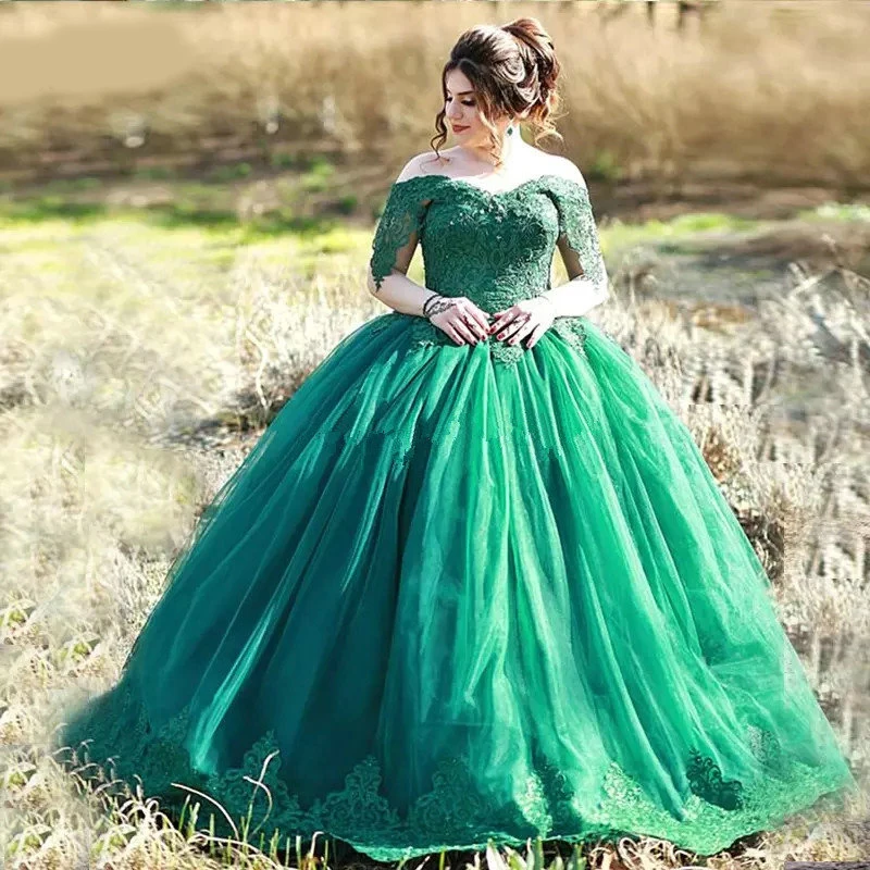 Dark Green Sweetheart Short Sleeves Ball Gown Quinceanera Dresses Appliques Lace Beading Sweet 16 Debutante Prom Party Dresses